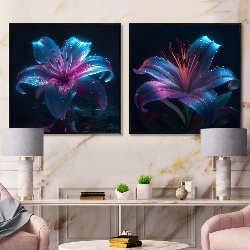 Blue Lily Dreams - ensemble de 2 carrés de lis floraux, Cadre flottant noir, H 16 po x l 33 po
