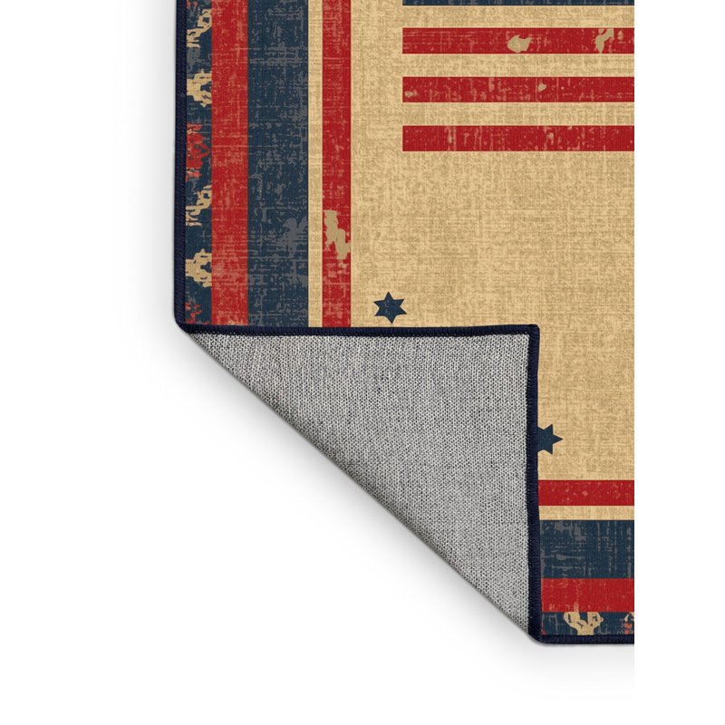 Machine Washable Collingswood July 4Th Modern & Contemporary Abstract Rug in Beige – Navy Binding, 4x6