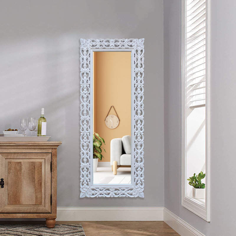 Diego Carved Full Length Wall Mirror | Rectangular Mirrors For Bathroom, Living Room, Bedroom, Hallway, Entryway & Any Space | 23x59” / White