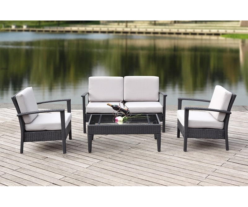 Ensemble de conversation avec canapé en rotin et coussins 4 pièces Siratro, Noir, Gris
