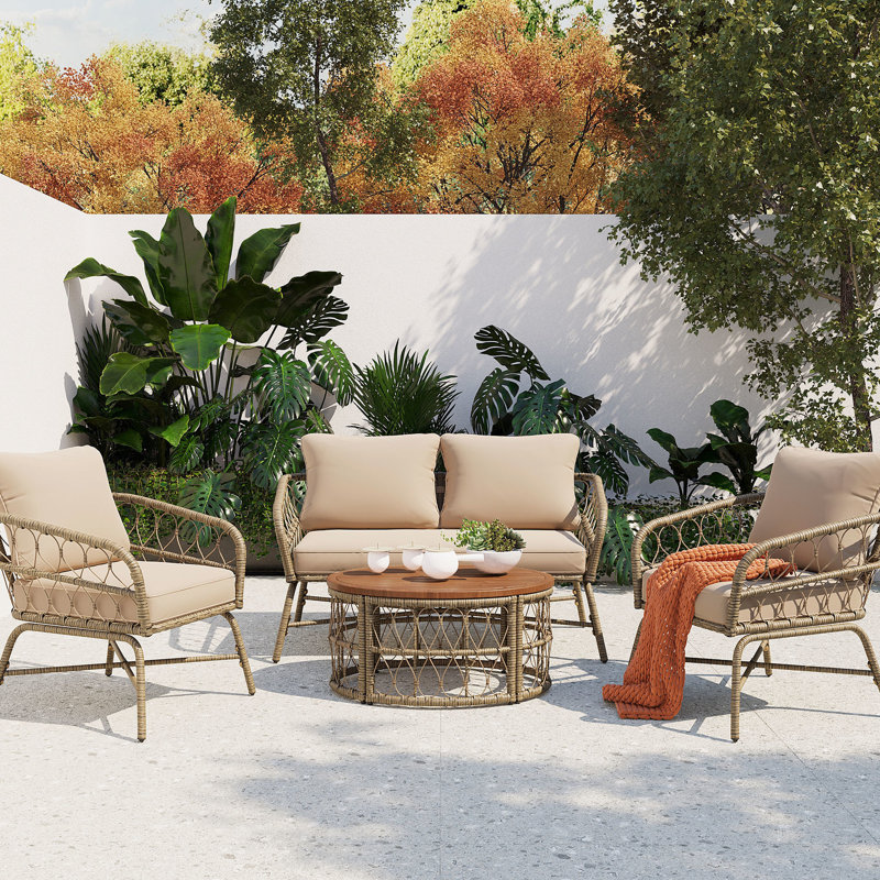 Ensemble de conversation d'extérieur 4 personnes avec coussins amovibles, ensemble de patio conversation avec plateau en bois d'inspiration bohémienne, beige