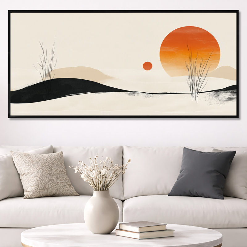 «Orange Black Orange Sun Over Quiet Dunes I», reproduction d'art sur toile, H 28 po x l 60 po, Cadre flottant noir