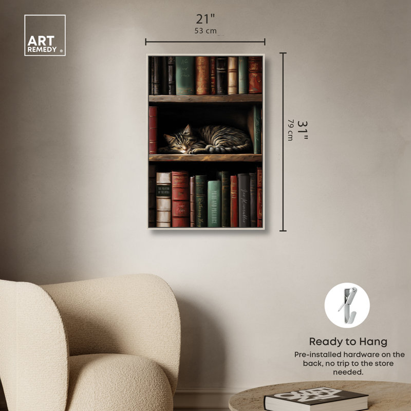Napping Cat Bookcase Framed Canvas Print Dorm Wall Decor by Art Remedy, Black Frame, 10 x 15, 31"H x 21"W, Silver Frame