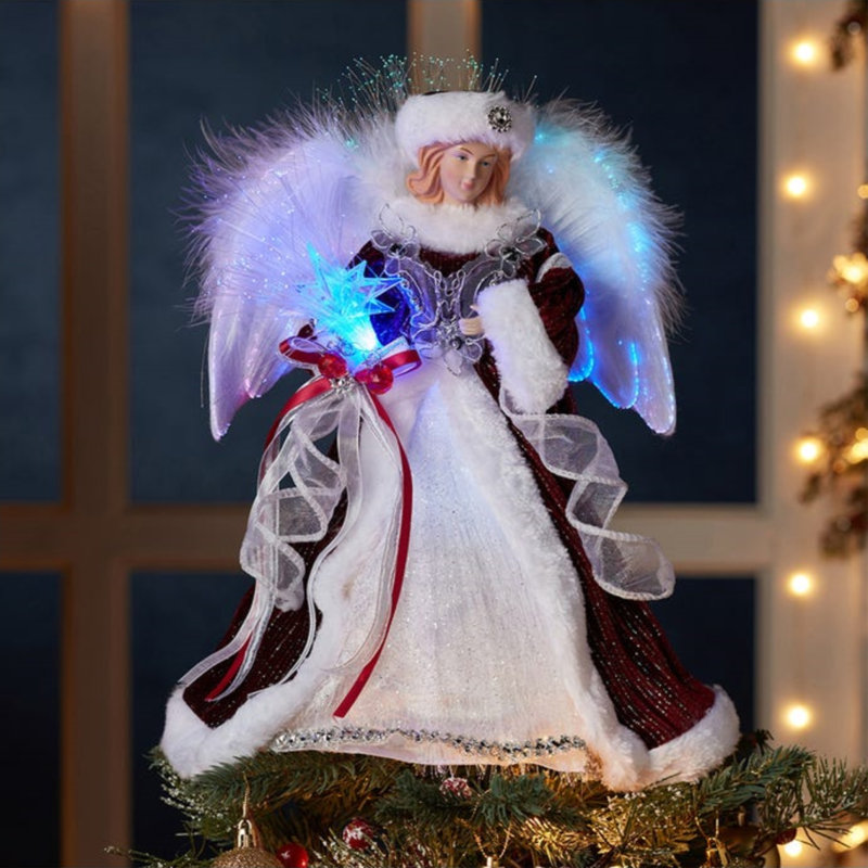 14-Inch White, Silver, and Burgundy Angel Tree Topper with LED Lights