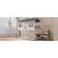 Lit superposé simple au-dessus d'un lit simple en bois avec toit, fenêtre, garde-corps et échelle (blanc)