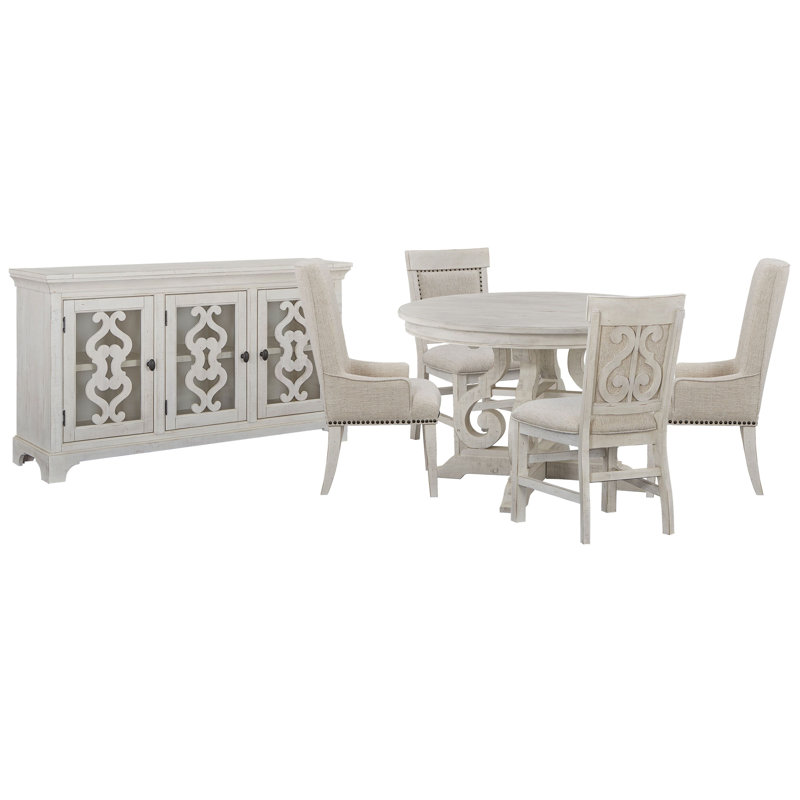 48" Round Dining Table With 2 Upholstered Side Chairs 2 Host Chairs And Server, White, 6 Pieces: Table, 4 Chairs, Server