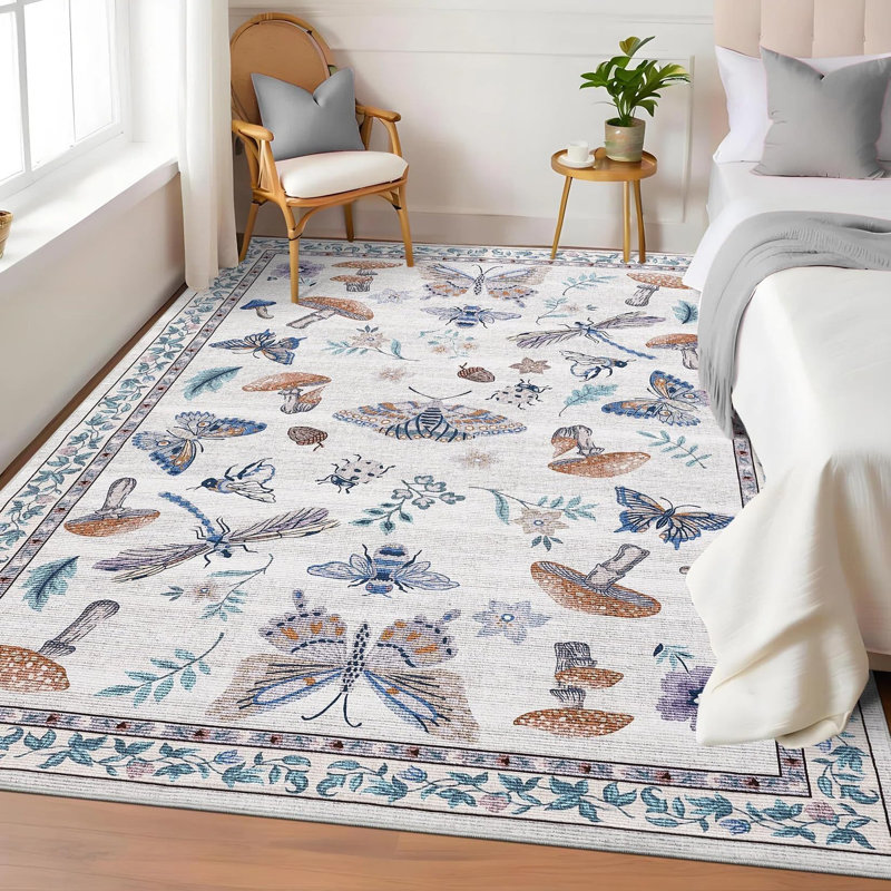 Mushroom & Insect Print Area Rug - Machine Washable, Low-Pile Soft Carpet with Non-Slip Backing for Living Room Bedroom Nursery Office - Beige - 140x200cm - Germany