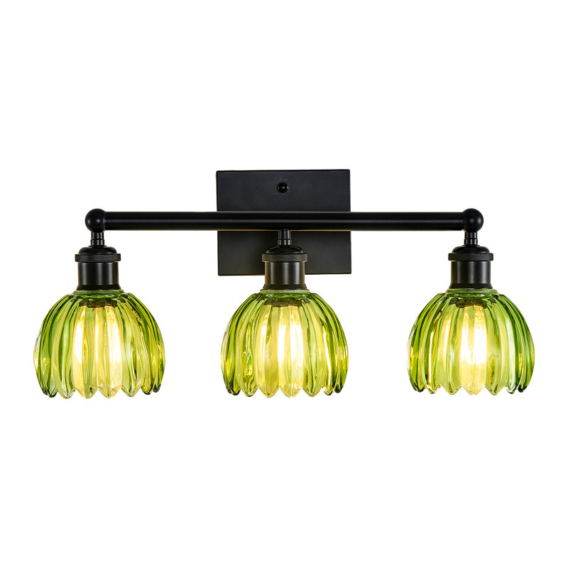 3-Light Black Vanity Light, Suitable For Bathroom, With Ribbed Green Tulip Glass Shades,Bathroom Light Fixture, Black/Green