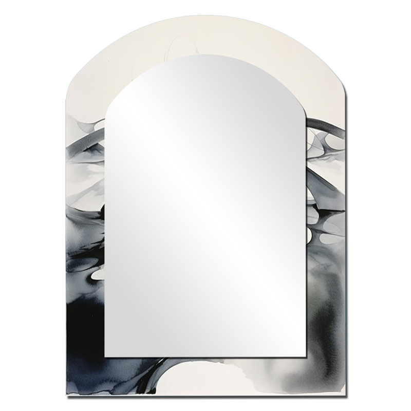 Abstract Neutral XI - Geometric Asymmetrical Decorative Wall Mirror, Modern Arch Mirror, Printed Metal Art, 34" x 25"