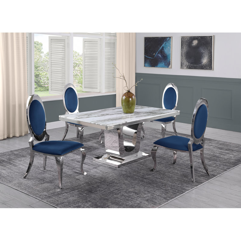 Ensemble de salle à manger Hardnett Dellbrook, Blanc/ grège, 5, Bleu / Argent