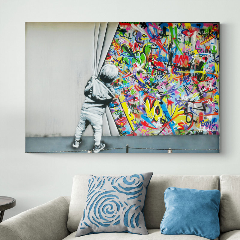 Little Boy Pulls Curtain Graffiti - Wrapped Canvas Painting, 61cm H x 81cm W x 4cm D