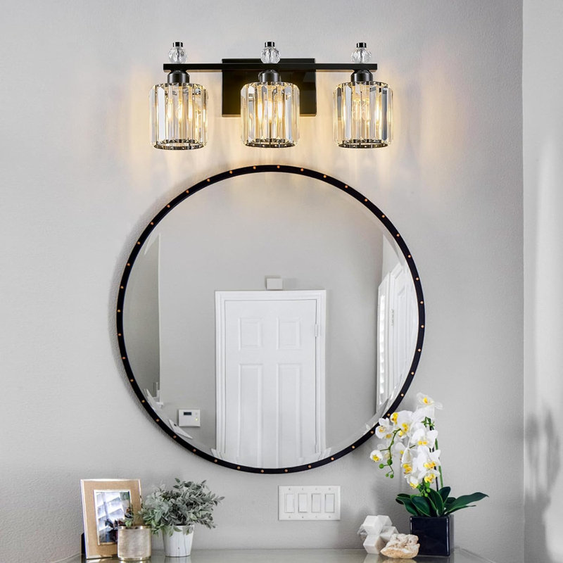 Luminaire de salle de bain moderne à 3 lumières avec abat-jour en cristal et à intensité variable pour une installation au-dessus d'un miroir