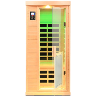 Chambre pour une personne à infrarouge lointain intérieur, basse, bois de pruche, 8 panneaux chauffants, audio, affichage, contrôle tactile, température ambiante et réglage de la température