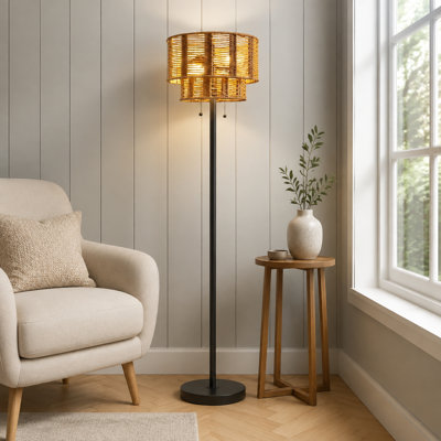 Black 60" farmhouse-boho floor lamp with a hand-woven rattan shade, metal base and pole, and pull-chain control; tall standing decor light for bedrooms, bedside areas, nurseries, and offices.