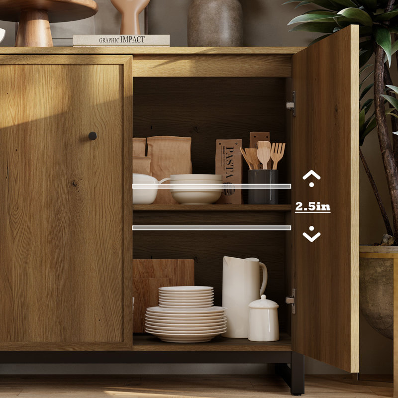 Buffet Storage Cabinet Set Of 2 With Metal Frame Base For Dinnig Room Living Room Entryway,Brown Oak, Oak