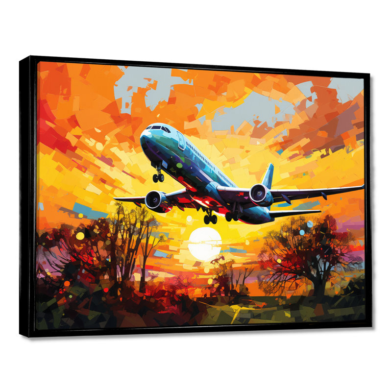 Avion qui décolle au coucher de soleil d'automne - train, reproduction d'art mural, Cadre flottant noir