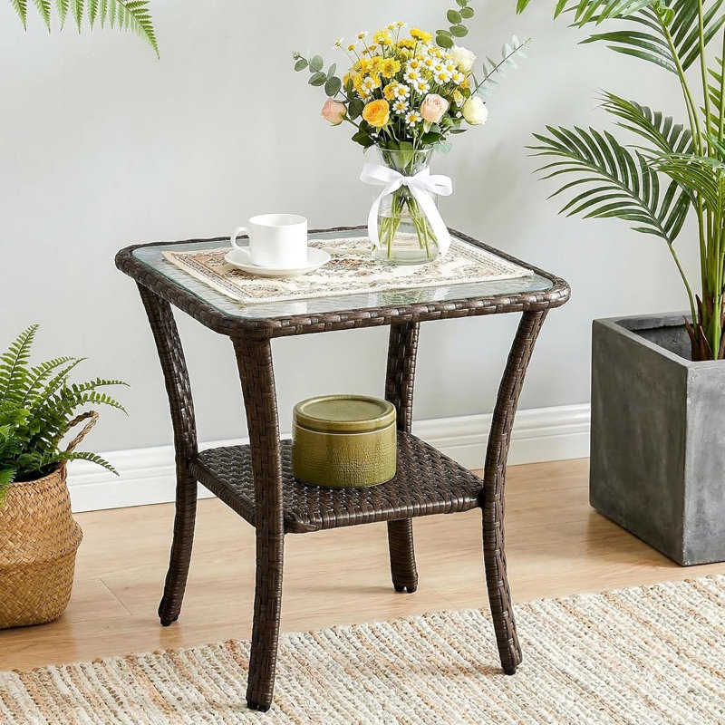 Table de bout Tribesigns, table de bout d'extérieur en rotin 2 niveaux pour porche