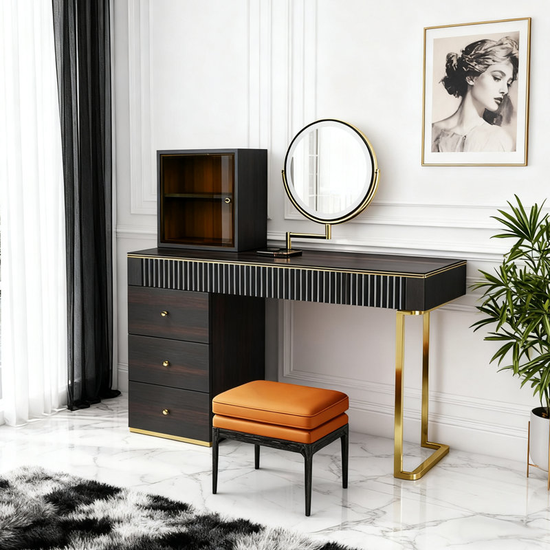 47.24" Modern Makeup Vanity set With Power Outlet Includes Makeup Stool & LED Lighted Mirror