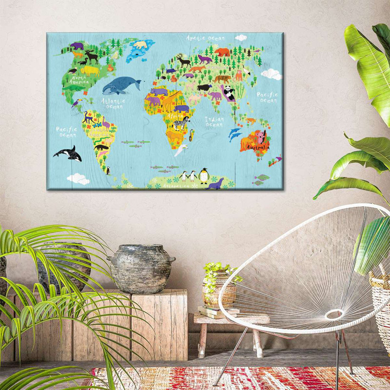 Carte du monde d'animaux domestiques sur toile, H 26 po x l 39 po x P 1,25 po