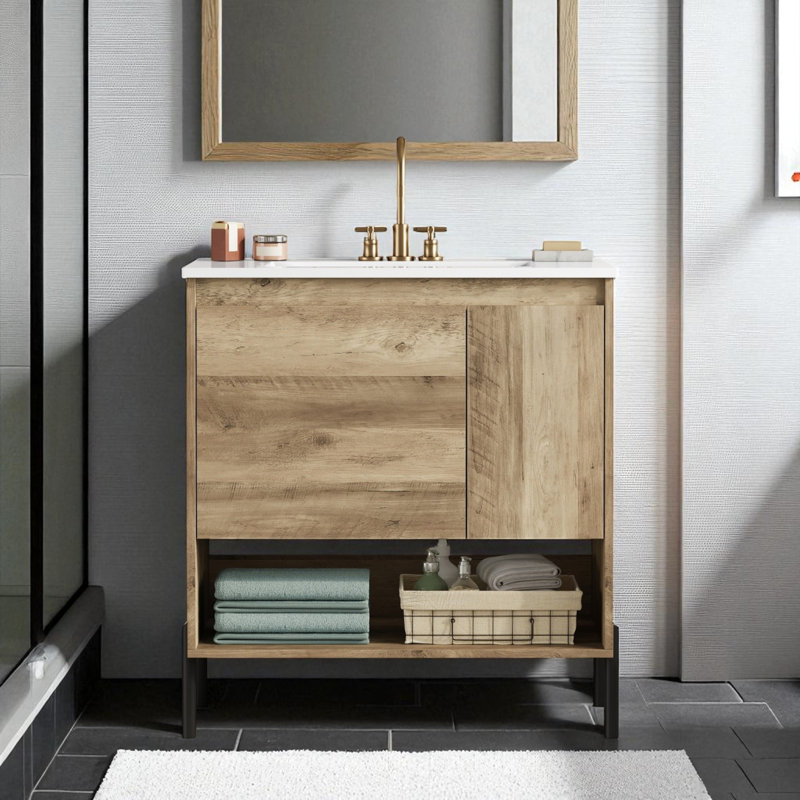 Meuble-lavabo moderne 30 po à grain de bois avec lavabo