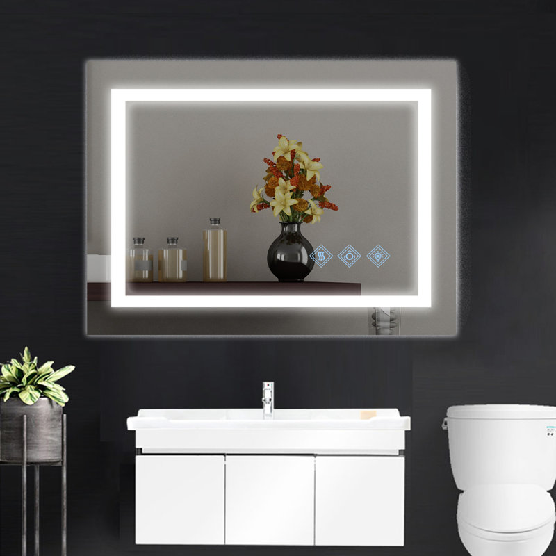 Miroir de salle de bain 32 po x 24 po en argent brossé avec brouillard à DEL, 3000 6000k, à intensité variable, fixation murale, éclairage à images claires, luminosité réglable, 3 températures de couleur, décoratif