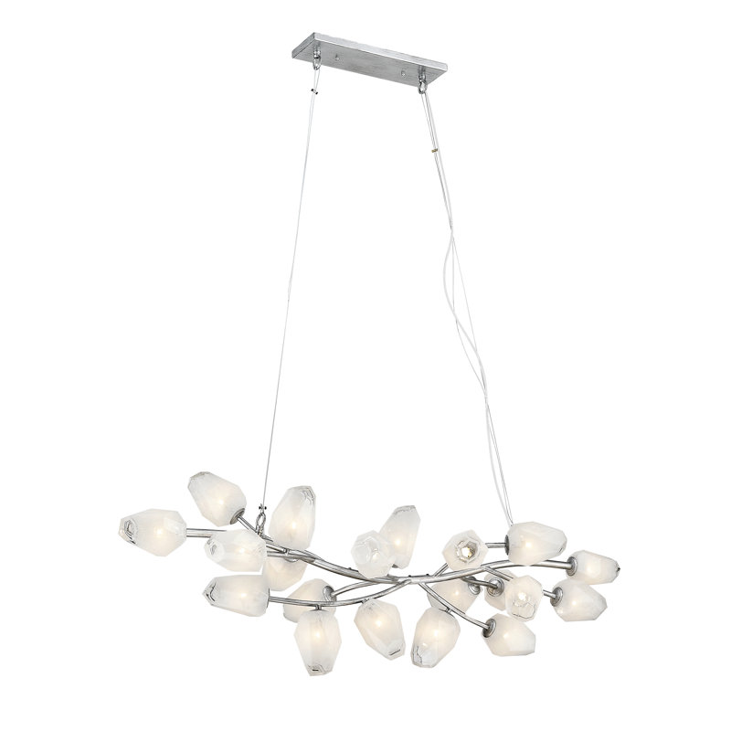 Lustre 20 lumières avec cadre en fer argenté et abat-jour en verre blanc, Argent argent