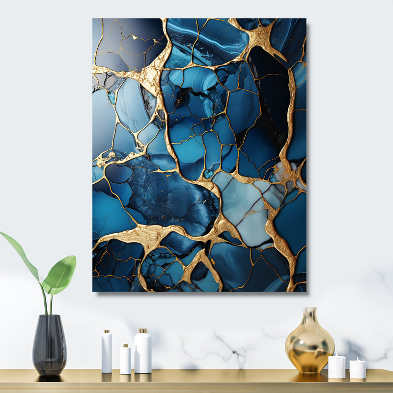 Or et saphir bleu mosaïque de marbre VI - impression abstraite d'art mural en métal, H 32 po x l 24 po x P 1 po