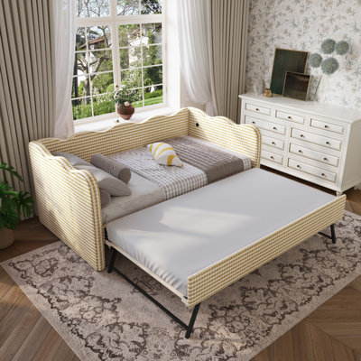 Linen Upholstered Gingham Daybed With Trundle, Usb Charging Port & Wave-shaped Design, No Box Spring Needed