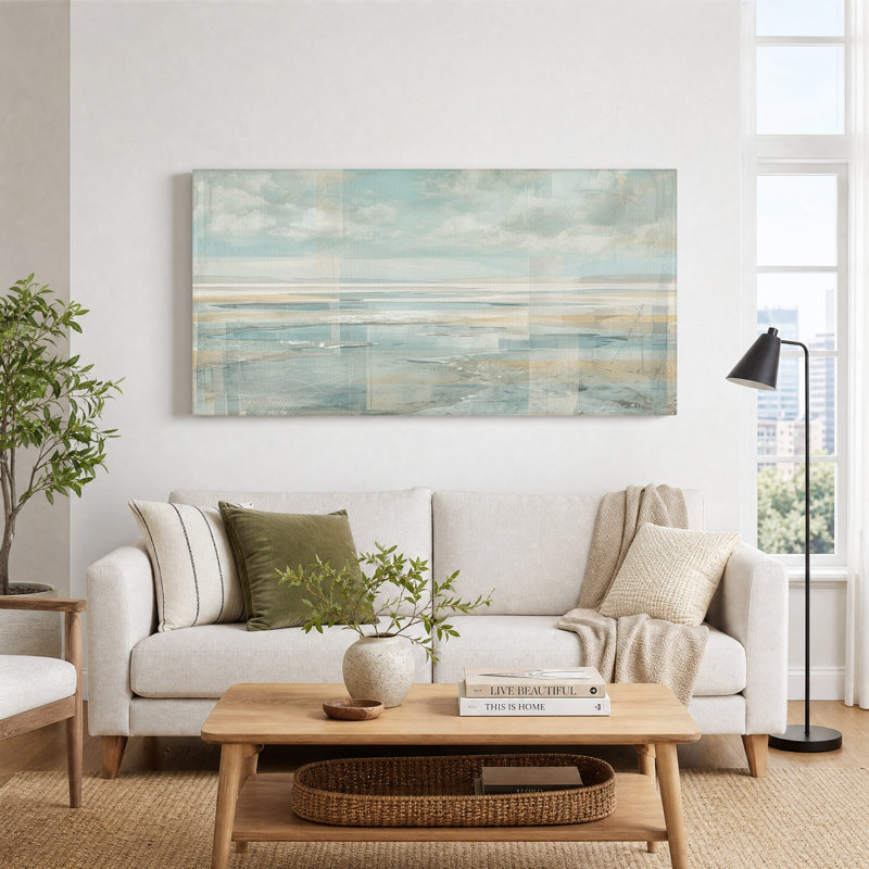 Tableau abstrait sur toile représentant une scène côtière bleue et beige, L 32 po x H 16 po