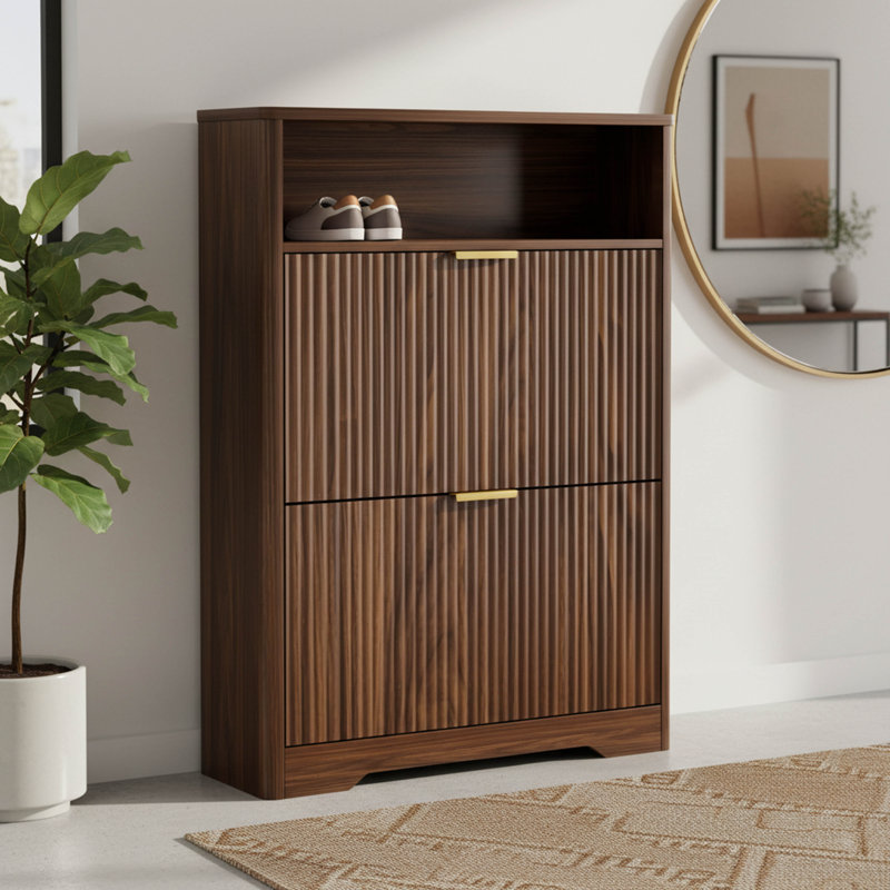 Flip-Door Shoe Cabinet, 31.6 inch Narrow Storage Organizer with 2 Hidden Compartments, Tall Free Standing Entryway Shoe Rack for Foyer and Hallway in Walnut