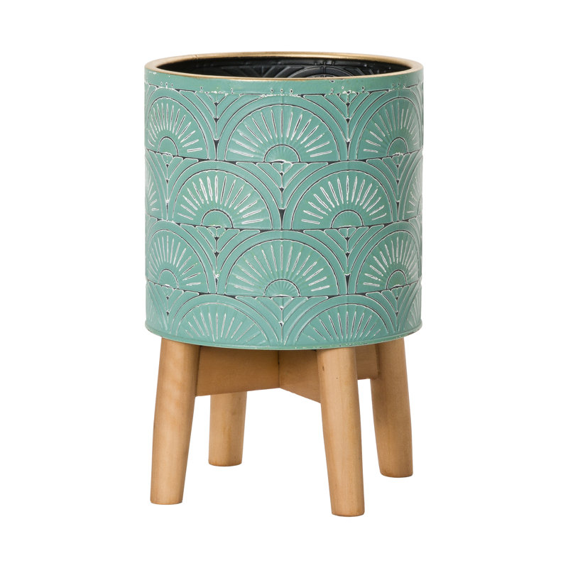 Sadie Glam Indoor Metal Pot Planter 4-Leg Wood Base, 13.5" H x 8.5" W x 8.5" D