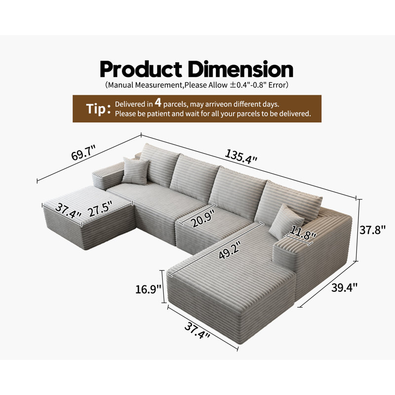 Canapé modulaire Simonsen Boneless, Face à la droite, Tissu velours côtelé gris moelleux
