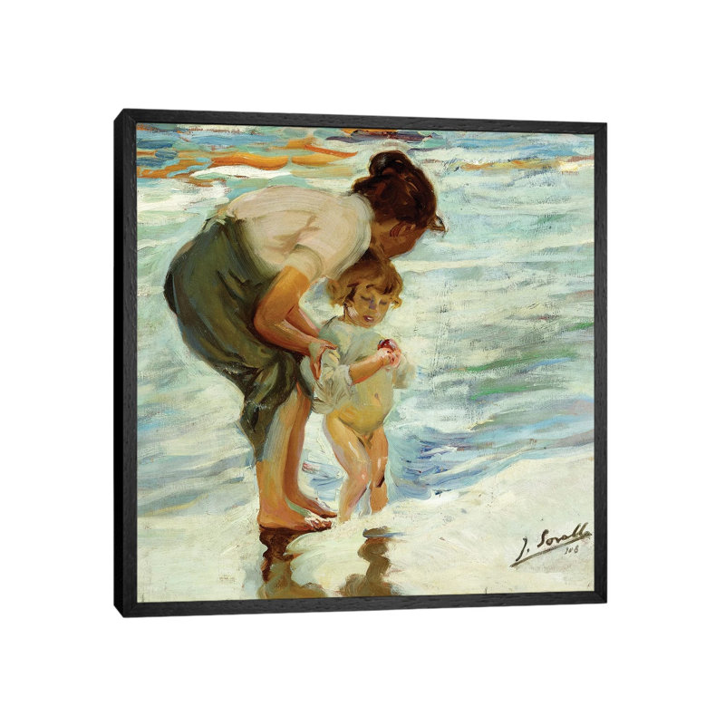 On The Beach, 1908 by Joaquin Sorolla Y Bastida - Painting on Canvas, 66.04cm H x 66.04cm W x 3.81cm D, Black Framed