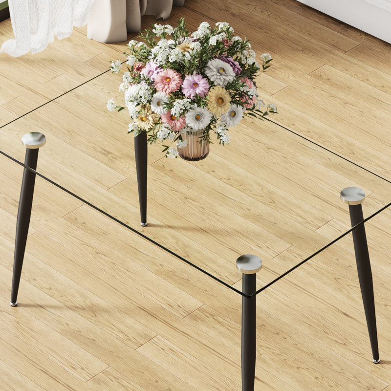 Table de salle à manger en verre avec pieds en métal noir, plateau trempé, pouvant accueillir de 4 à 6 personnes, facile à entretenir et à assembler, pour diverses pièces Construction stable de 4 à 6 personnes, assemblage propre, différent