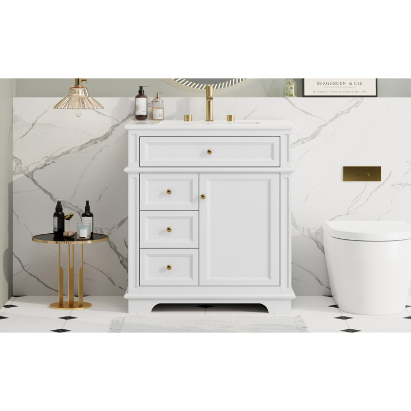 Meuble-lavabo de 30 po avec lavabo, un tiroir basculant, trois tiroirs, tablette de porte, porte à fermeture douce, blanc