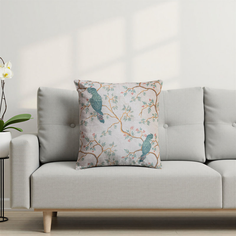 Square Cotton Velvet Printed Pillow with Birds and Branches