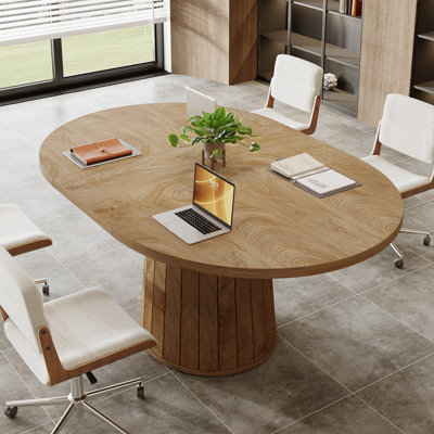 55" Oval Conference Meeting Table With Wood Base For 6 People
