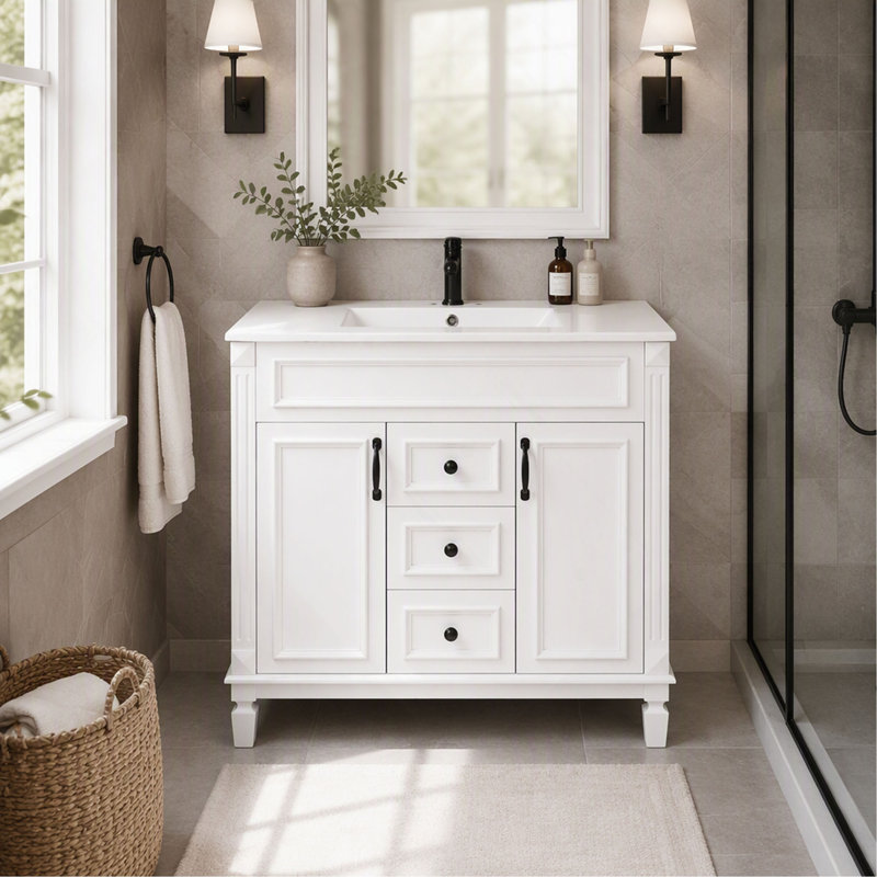 Meuble-lavabo de salle de bain, 36 po, avec lavabo supérieur, armoire de rangement avec 2 portes à fermeture douce, lavabo simple - moderne