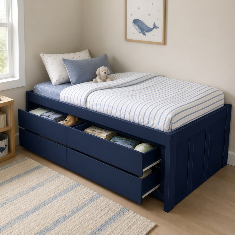 Lit capitaine Calder Twin en bois avec quatre tiroirs et rangement latéral, Lit simple, Marine