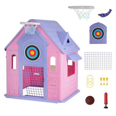 Maisonnette 5 en 1 pour enfants avec panier de basketball, but de soccer, jeu de fléchettes et anneau, maisonnette d'intérieur et d'extérieur pour tout-petits et enfants, rose