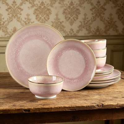 12-Piece Pink Porcelain Dinnerware Set For 4 People, Handcrafted Plates And Bowls, Chip & Scratch Resistant, Microwave & Dishwasher Safe, Home Kitchen Gift