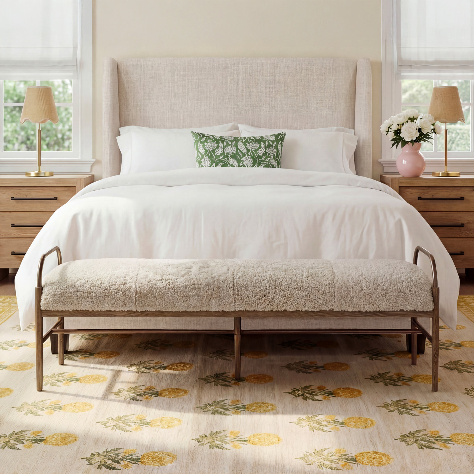 Demi 76" Genuine Leather Bedroom Bench, Beige Shearling