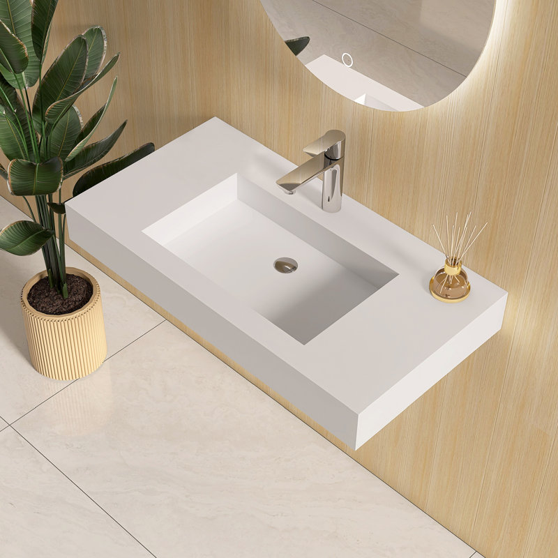 Lavabo de salle de bain mural 35 "à surface solide, Oui, Blanc