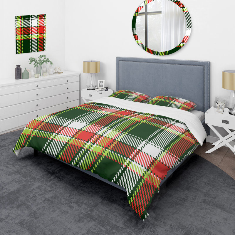 Tartan à carreaux vert et rouge - Ensemble de housse de couette abstrait - Microfibre de polyester