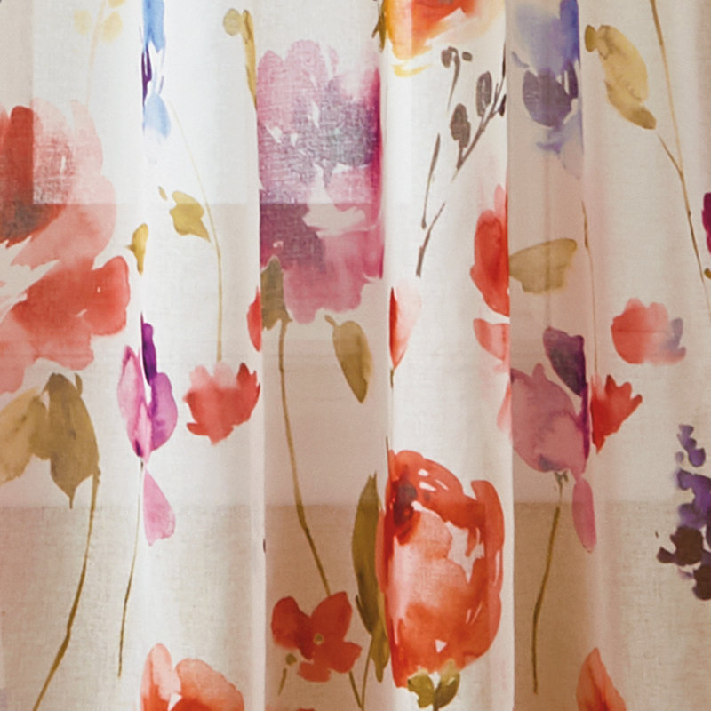 White Sheer Watercolor Floral Rod Pocket Curtain Panel, 50" x 63"