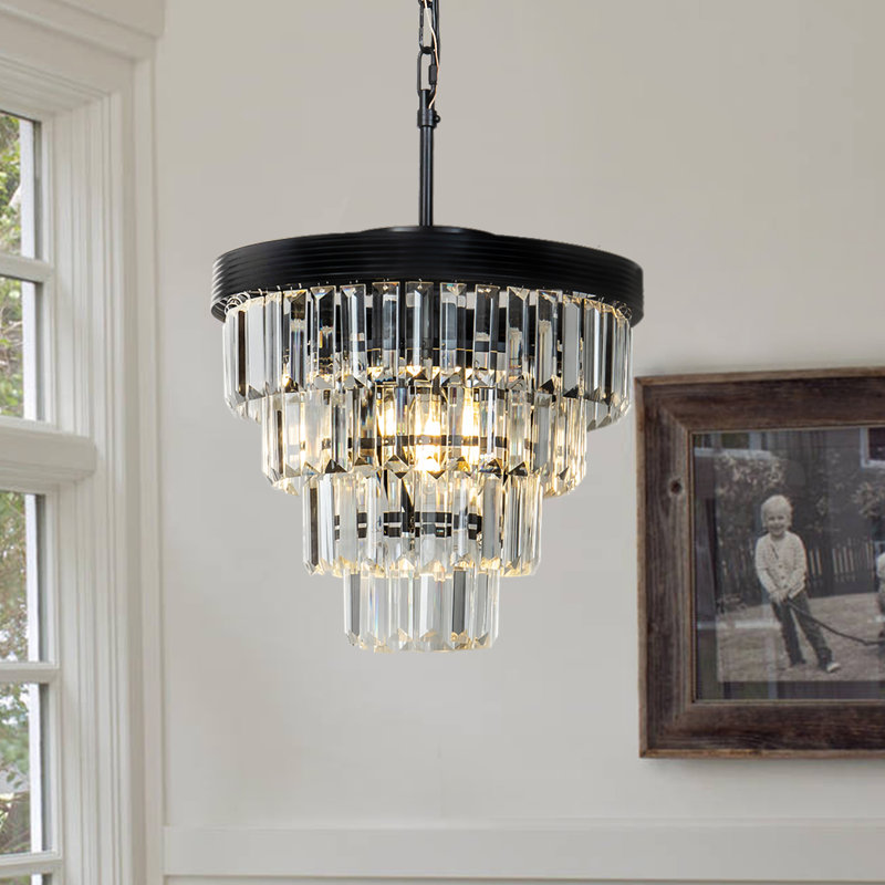 Alax Mid-Century Modern Crystal Chandelier for Dining room, 31cm H x 34cm W x 34cm D, 3, Matte Black