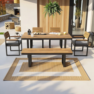 Ensemble de salle à manger 6 pièces avec banc, table en bois d'acacia et 4 chaises rembourrées pour 6 à 7 personnes, pieds réglables, résistant aux intempéries pour le patio, la cour ou le jardin