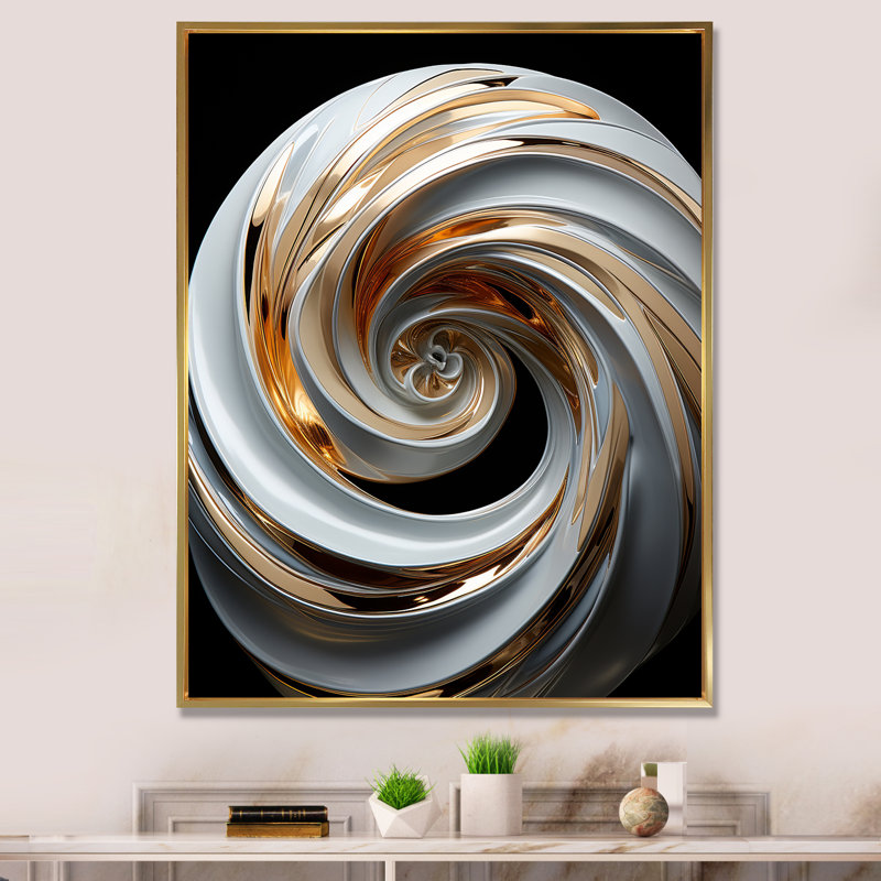 «White and Gold Spiraling Abstraction», art mural abstrait en spirale, Cadre flottant doré, 32" H x 24" W
