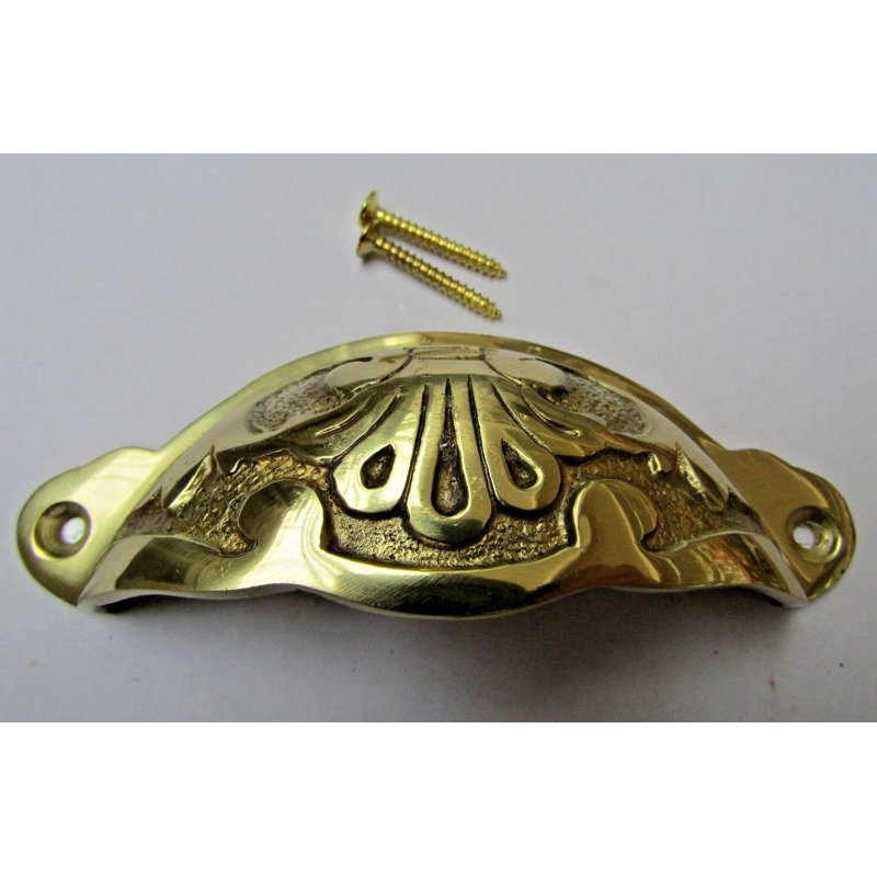 Floral Cup Pull Handle Polished Chrome on Brass, Polished Brass
