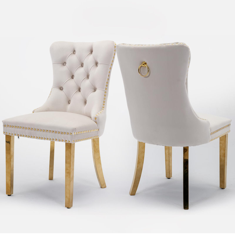 Belmont Button-Tufted Velvet Dining Chair – Premium Fabric & Solid Oak Frame, Beige, Gold, 2
